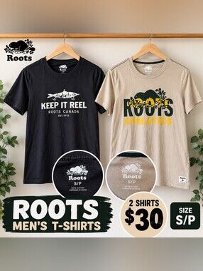 Roots Men's Short Sleeve Tees in Black and Tan - Graphic Crew Necks